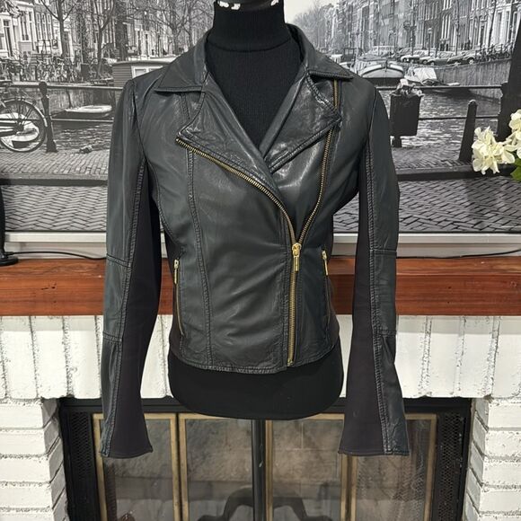 MICHAEL Michael Kors Jackets & Blazers - Michael Kors Women Moto Jacket Real Lamb Leather Sz 8 Black Gold Stretch